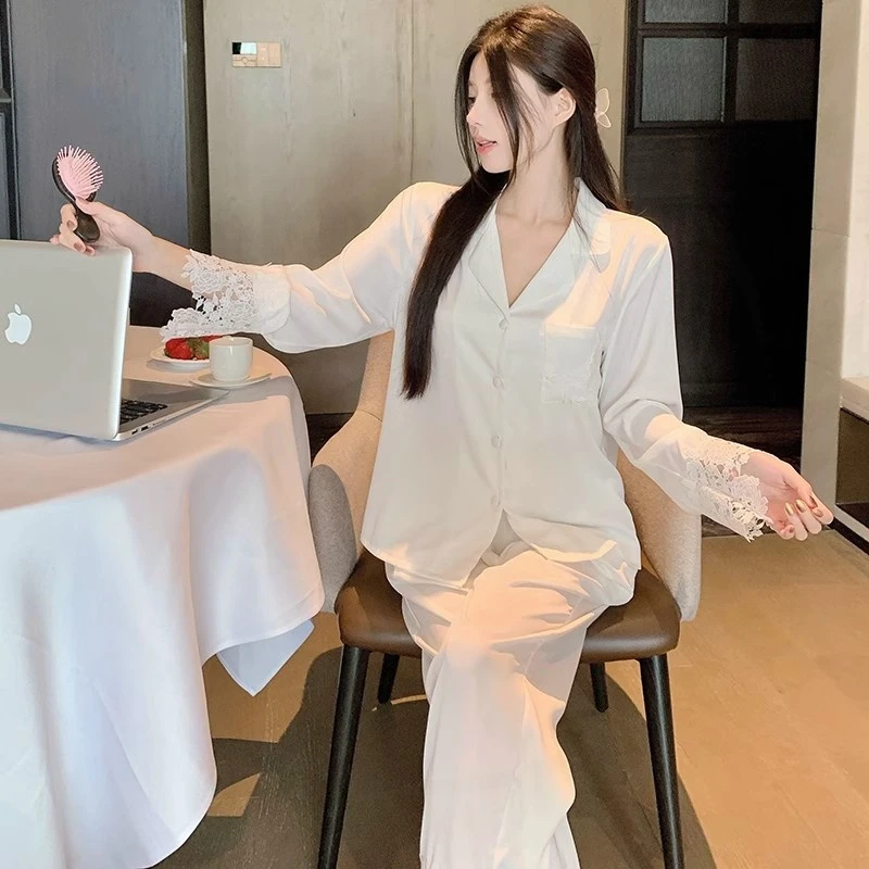 高级感法式睡衣女冰丝轻奢网红爆款长袖气质蕾丝家居服女春秋季夏