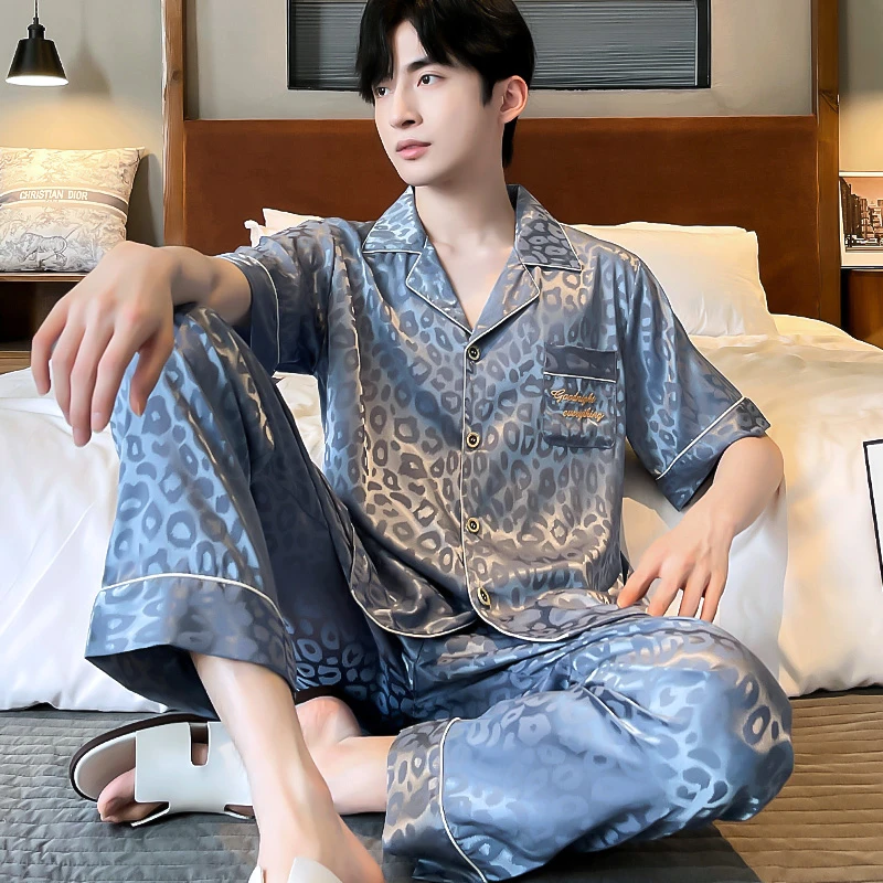 冰丝青年款夏天短袖长裤两件套装休闲春夏睡衣男士夏季薄款丝质