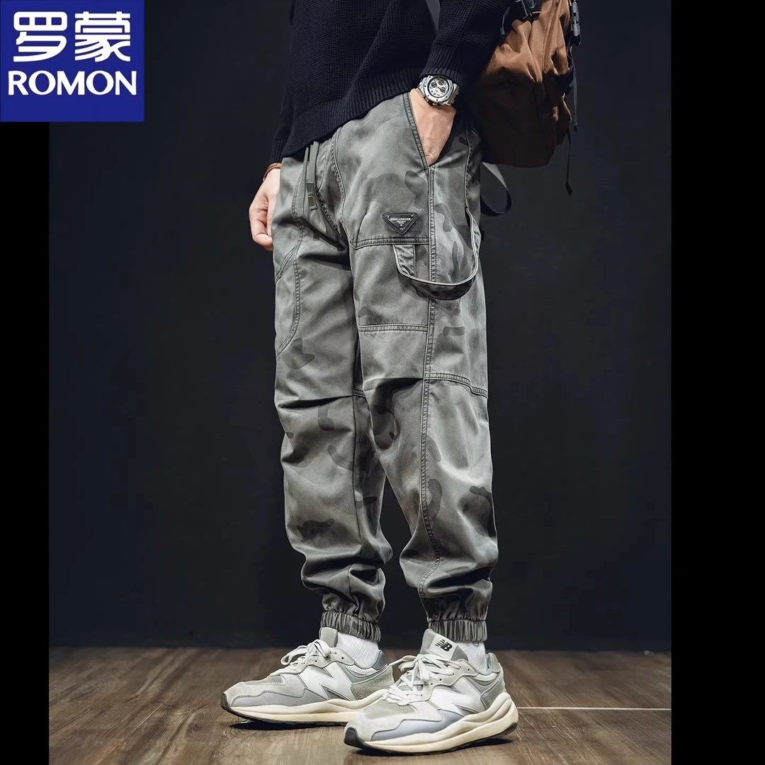 罗蒙军事迷彩工装裤男士2025秋季美式做旧水洗宽松休闲束脚裤
