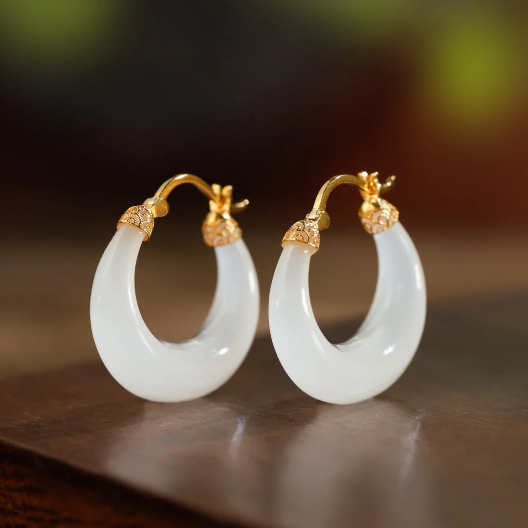 明月珰/18K金和田玉白玉耳饰