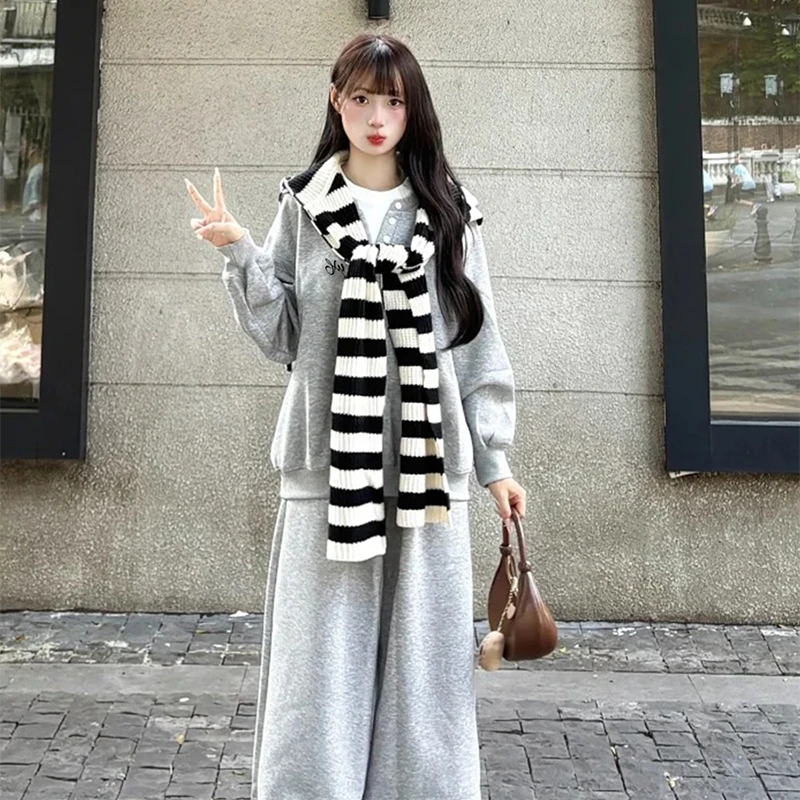 韩系显瘦卫衣阔腿裤套装女秋冬条纹披肩穿搭慵懒风松弛感两件套