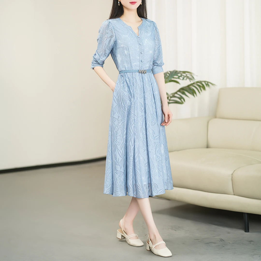【夏季新款】法式轻奢气质提花时尚腰带显瘦连衣裙CS6231 裙长115
