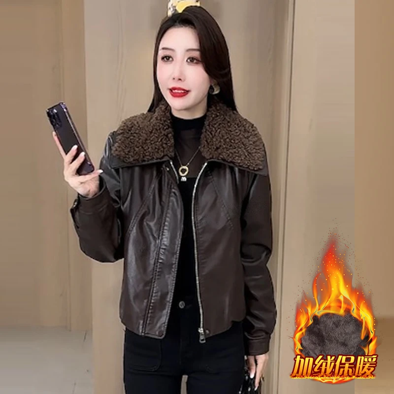 加绒加厚毛领皮衣短外套女2025冬季新款洋气百搭保暖机车服皮棉袄