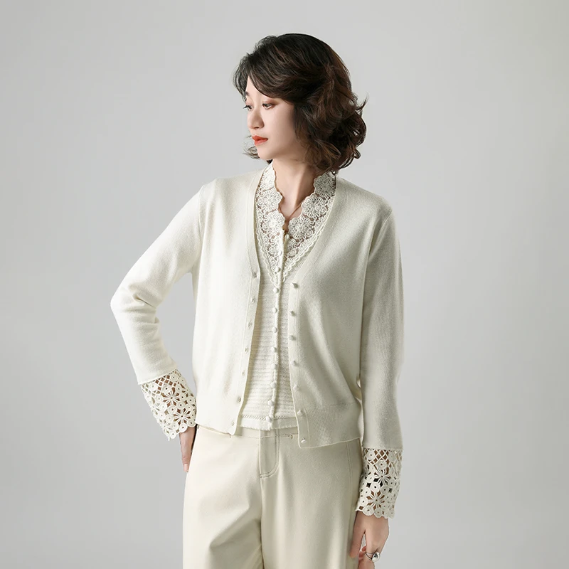 手工钩花  精纺细羊毛开衫长袖薄款针织衫女士百搭时尚洋气26316