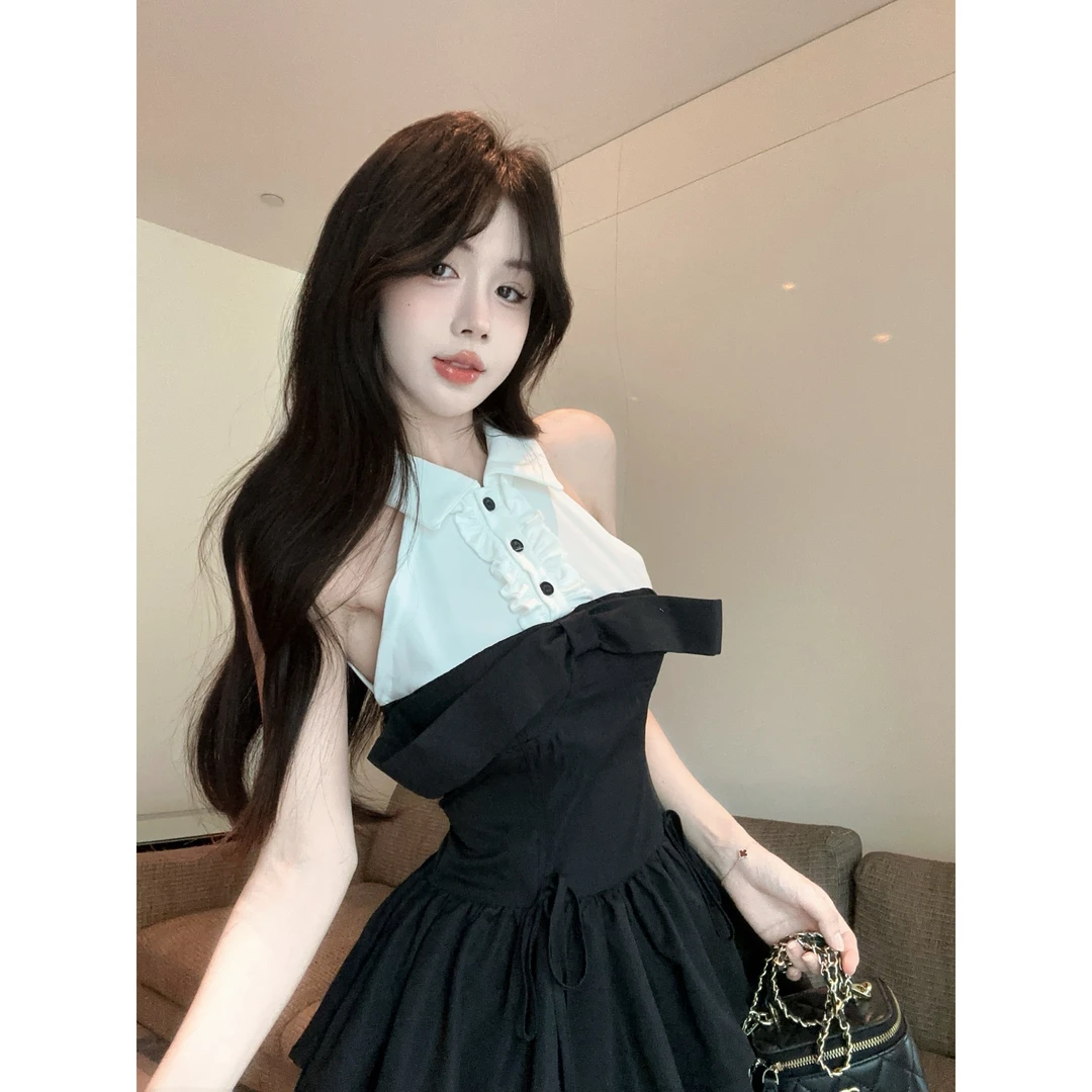 甜辣复古撞色拼接蝴蝶结蓬蓬裙纯欲辣妹收腰显瘦背心蛋糕裙百搭女