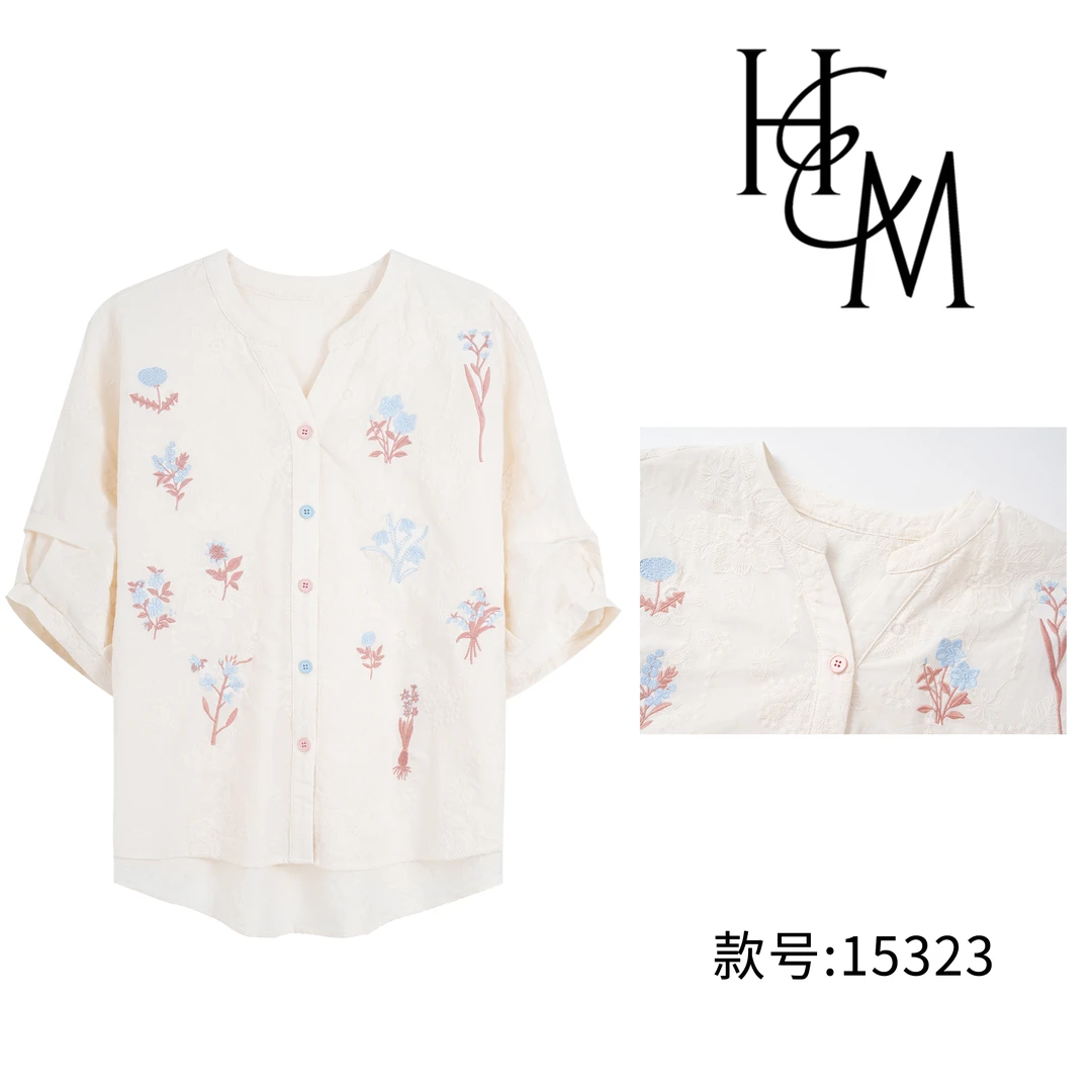 HUIERMAN/慧尔曼100%棉时尚设计师款立体小花刺绣V领衬衫【15323】