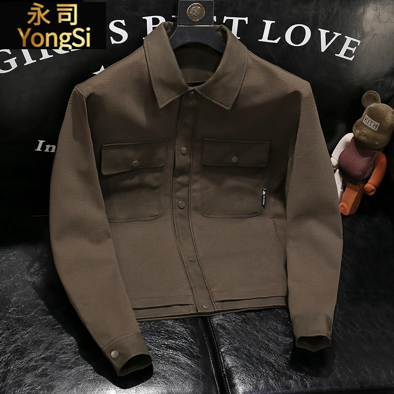 2025春秋新款翻领工装夹克男士潮牌休闲痞帅拼接修身外套针织上衣