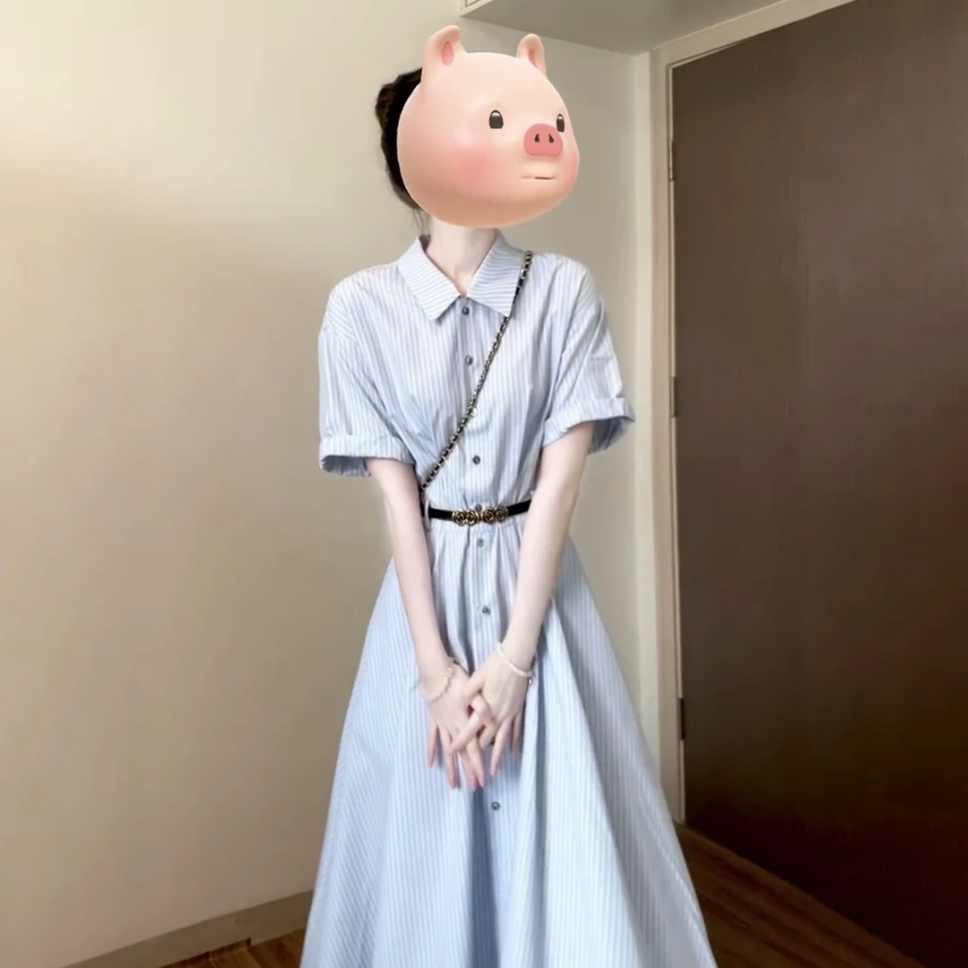 蓝色条纹衬衫连衣裙子女夏季2025年新款今年流行爆款收腰显瘦长裙