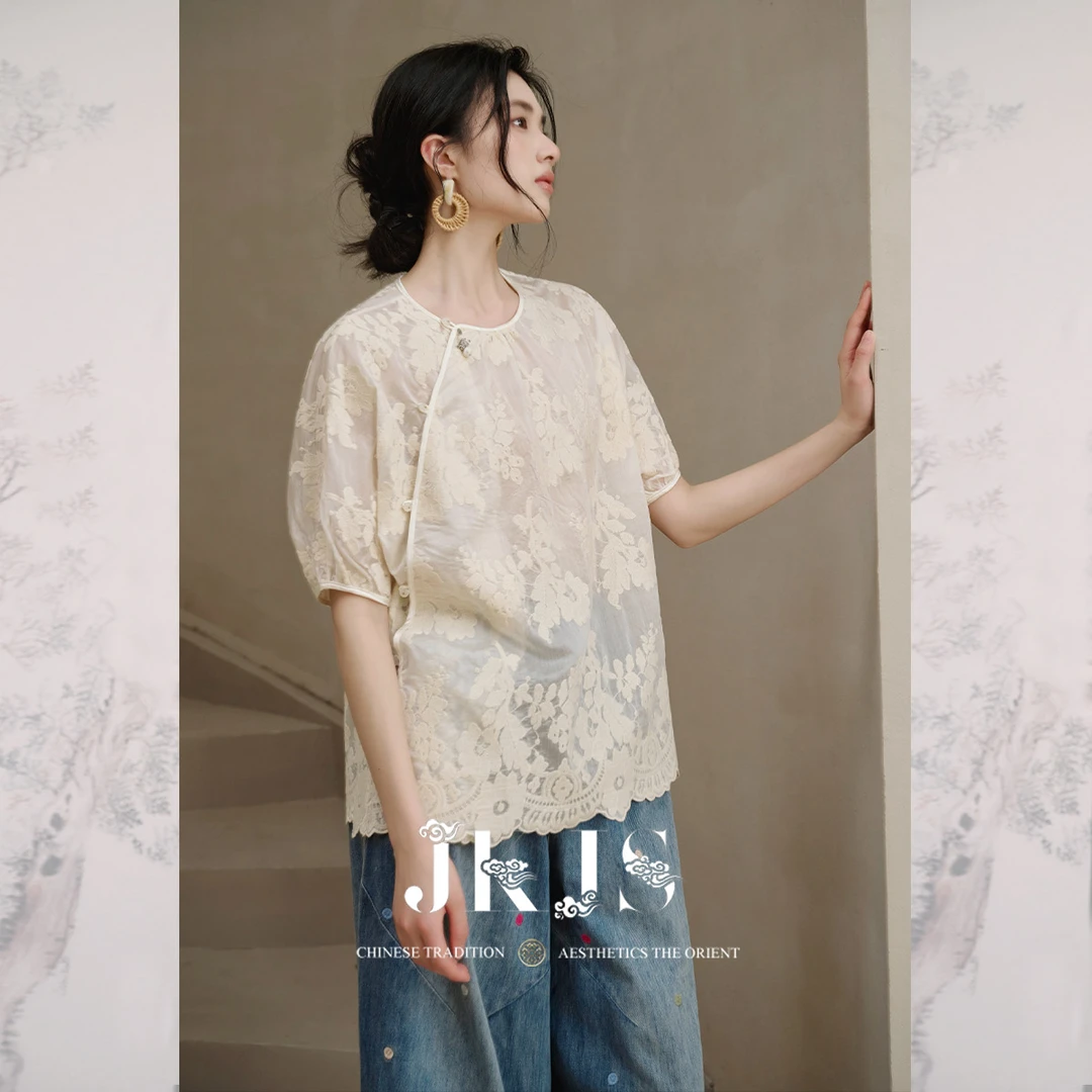 JKJS【淮兰因】天丝棉线绣花 斜襟盘扣上衣夏新中式衬衫薄款小衫
