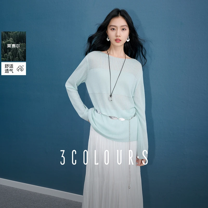 三彩2025秋季新款肌理感针织衫一字领长袖毛衫宽松套头S