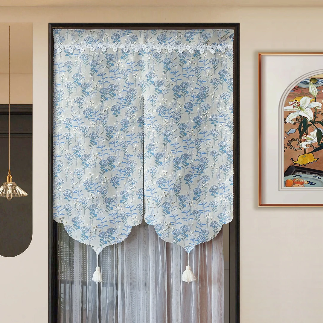 法式门帘新款隔断帘轻奢绣球花半帘免打孔家用遮挡隔断帘卧室家用