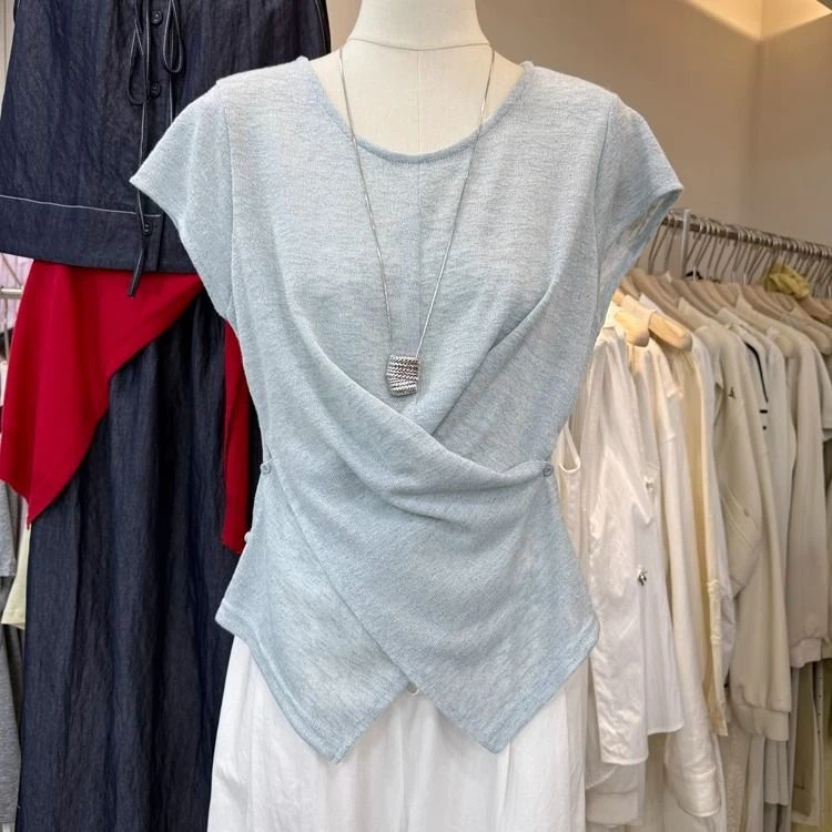 十三行新款韩版2025夏季宽松交叉设计通勤显瘦百搭套头短袖针织衫