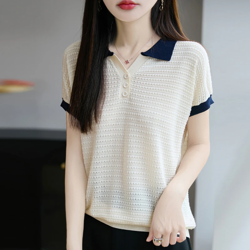 哥弟阿玛施正品莱赛尔天丝夏季翻领撞色短袖T恤女宽松薄款外搭