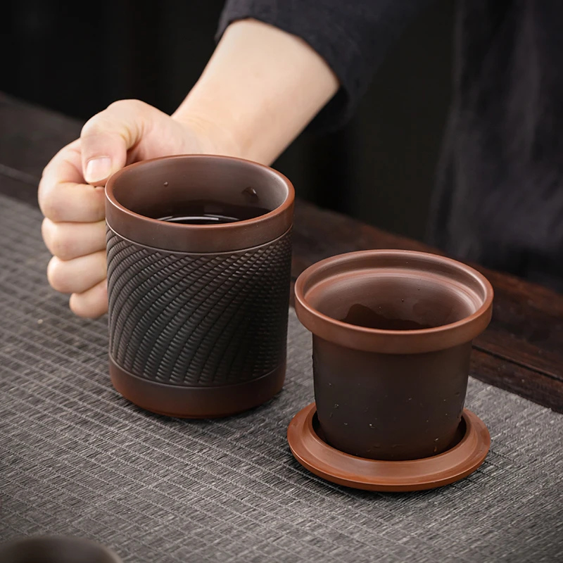 紫砂窑变紫陶个人办公喝茶杯内胆过滤茶水分离带盖泡器跳刀专用