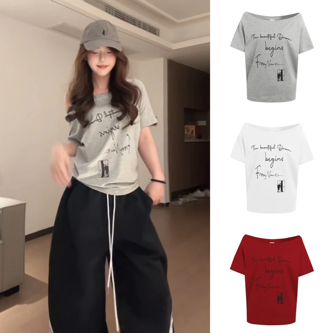 复古字母印花一字肩斜肩短袖T恤女夏季新款简约休闲宽松显瘦上衣
