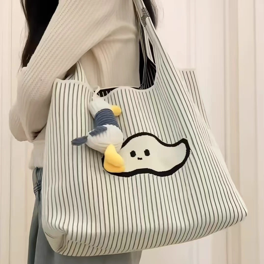 韩系复古单肩包女大容量2025新款条纹针织包包休闲外出通勤托特包