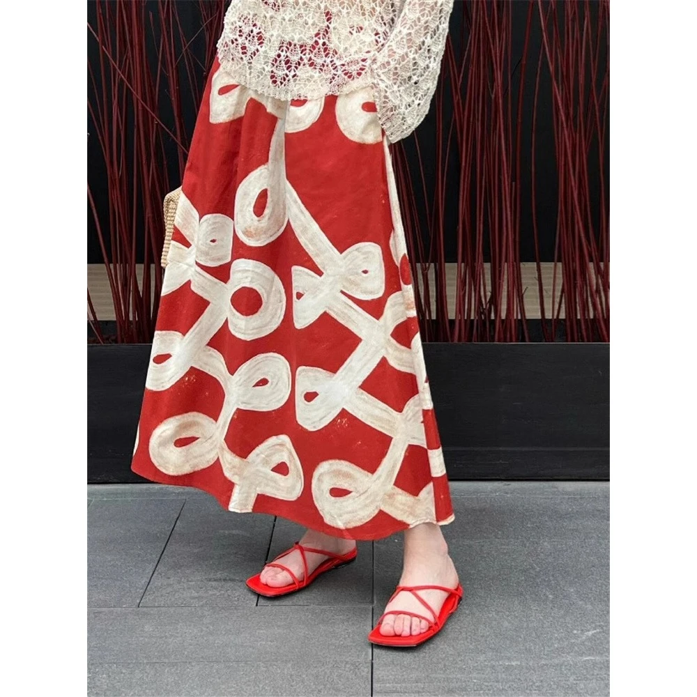 颜值拉满！韩系复古红色半裙松紧腰中长款A字伞裙手绘印花度假风裙