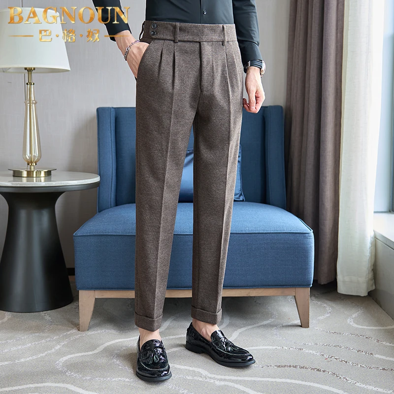 巴格奴西裤男士秋冬季新款时尚高端双褶毛呢加厚小脚修身羊毛长裤