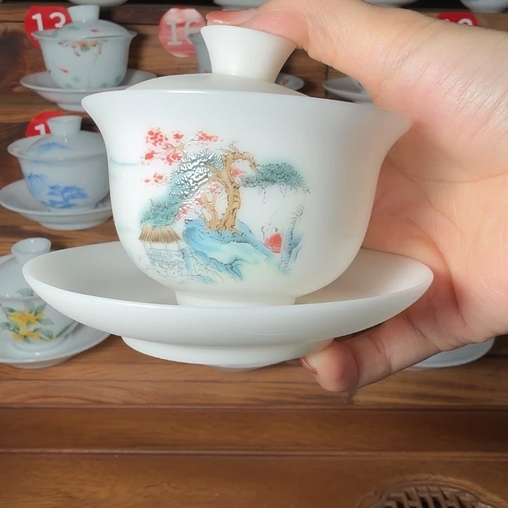 素烧冰种三才盖碗山水