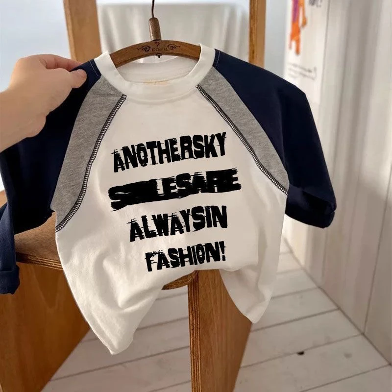 纯棉儿童长袖T恤春秋款男女童卡通打底衫宝宝插肩袖撞色拼接上衣t