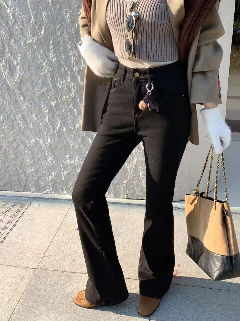 615-3662 加绒加厚韩系休闲无弹显瘦黑色小脚裤百搭牛仔裤