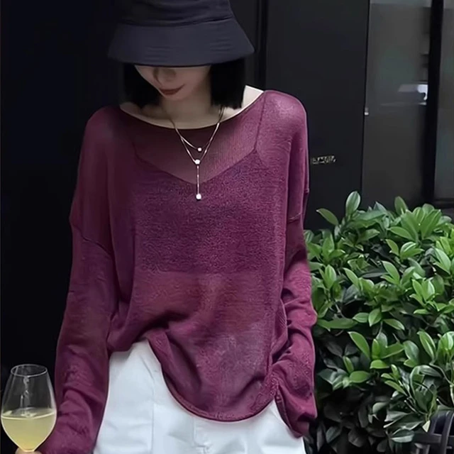 高级感紫色冰丝亚麻防晒针织衫女夏季薄款外搭空调衫镂空罩衫上衣