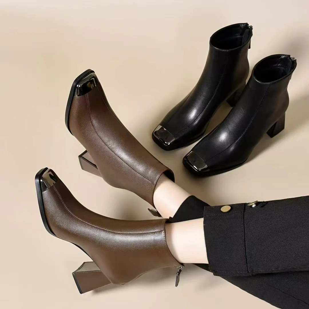 方头短靴加绒瘦瘦靴4公分6公分真牛皮马丁靴棉靴女士裸靴单靴皮靴