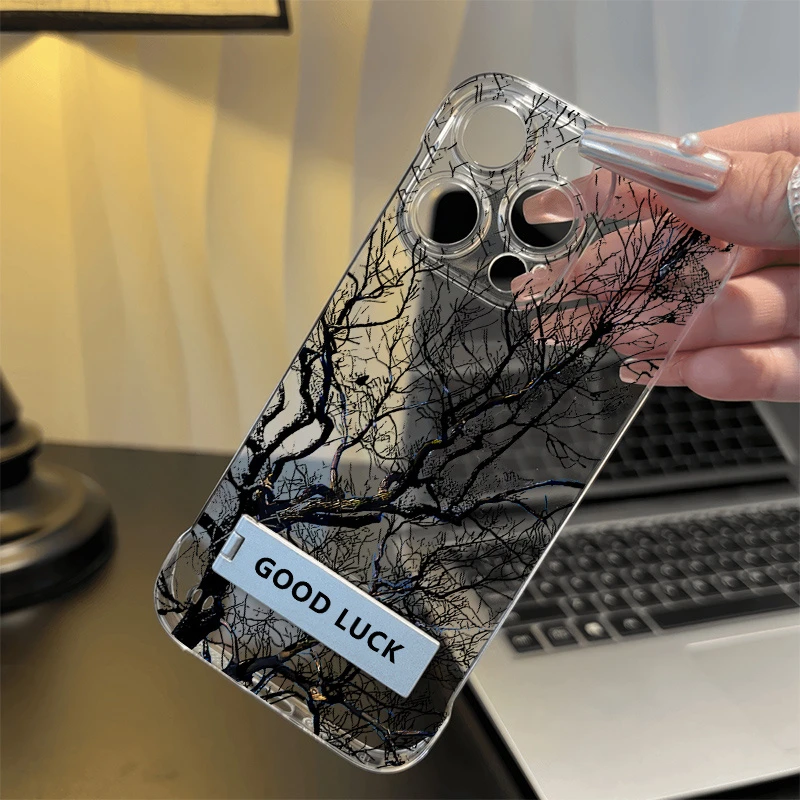 超薄17硬12素描枯树适用iPhone15手机壳带支架无边框苹果16透明14