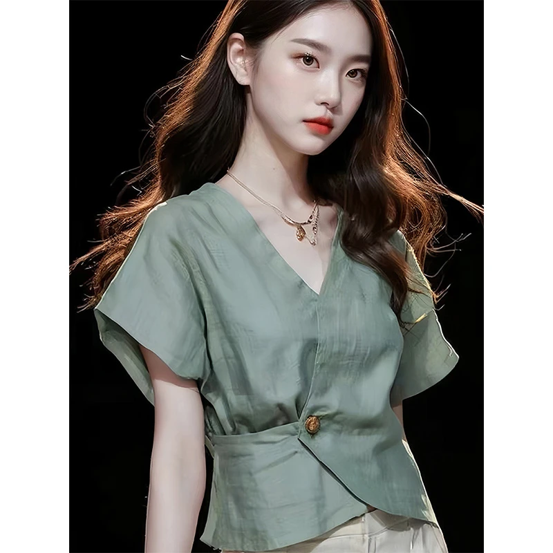 EPGF绿色短袖衬衫女2025新款夏季气质小衫收腰高级感独特别致雪纺