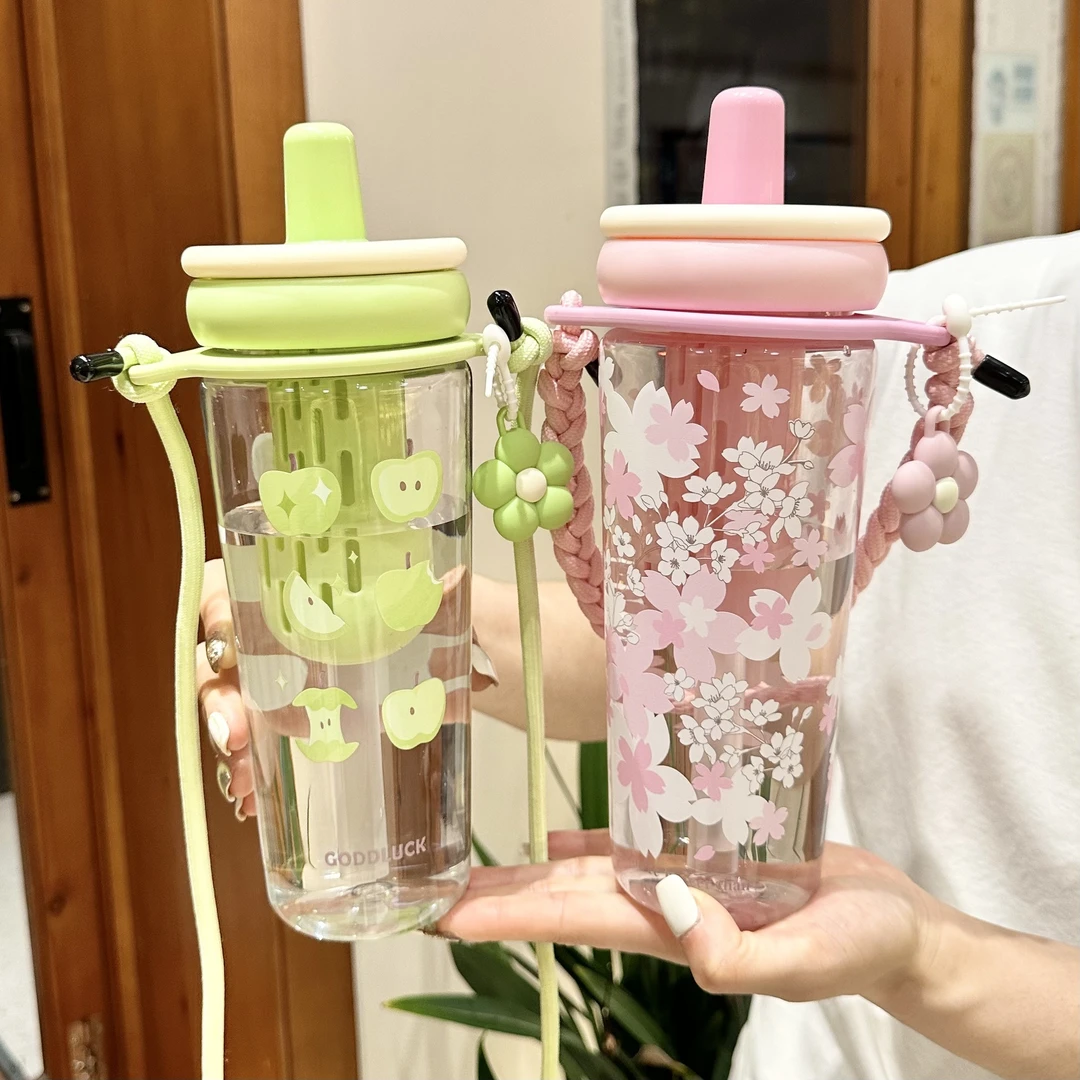 春日花忙系列2025高颜值吸管杯带背带带提手大容量带茶仓女生花茶