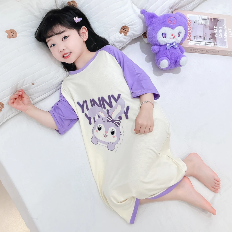 女童睡裙夏季薄款莫代尔儿童七分袖连体睡衣2女孩卡通居家空调服5
