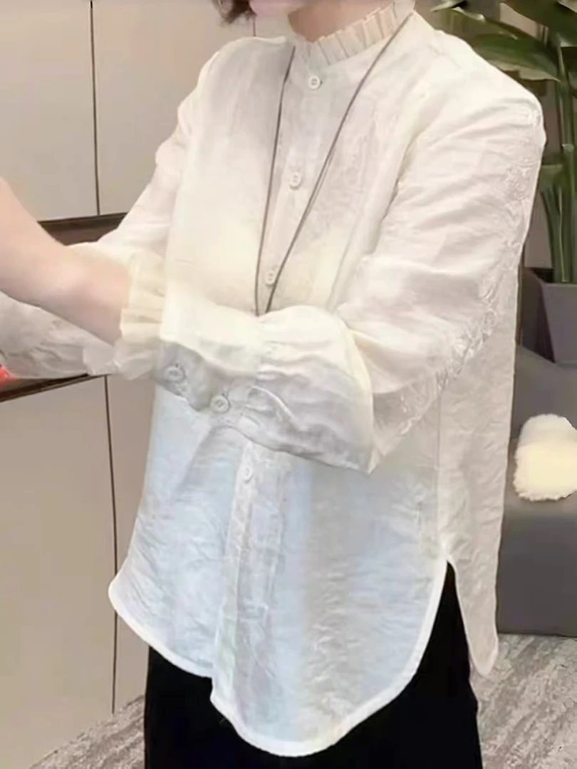 云锦 2025早秋新款新中式白色花边领蕾丝拼接长袖衬衫甜美高级感