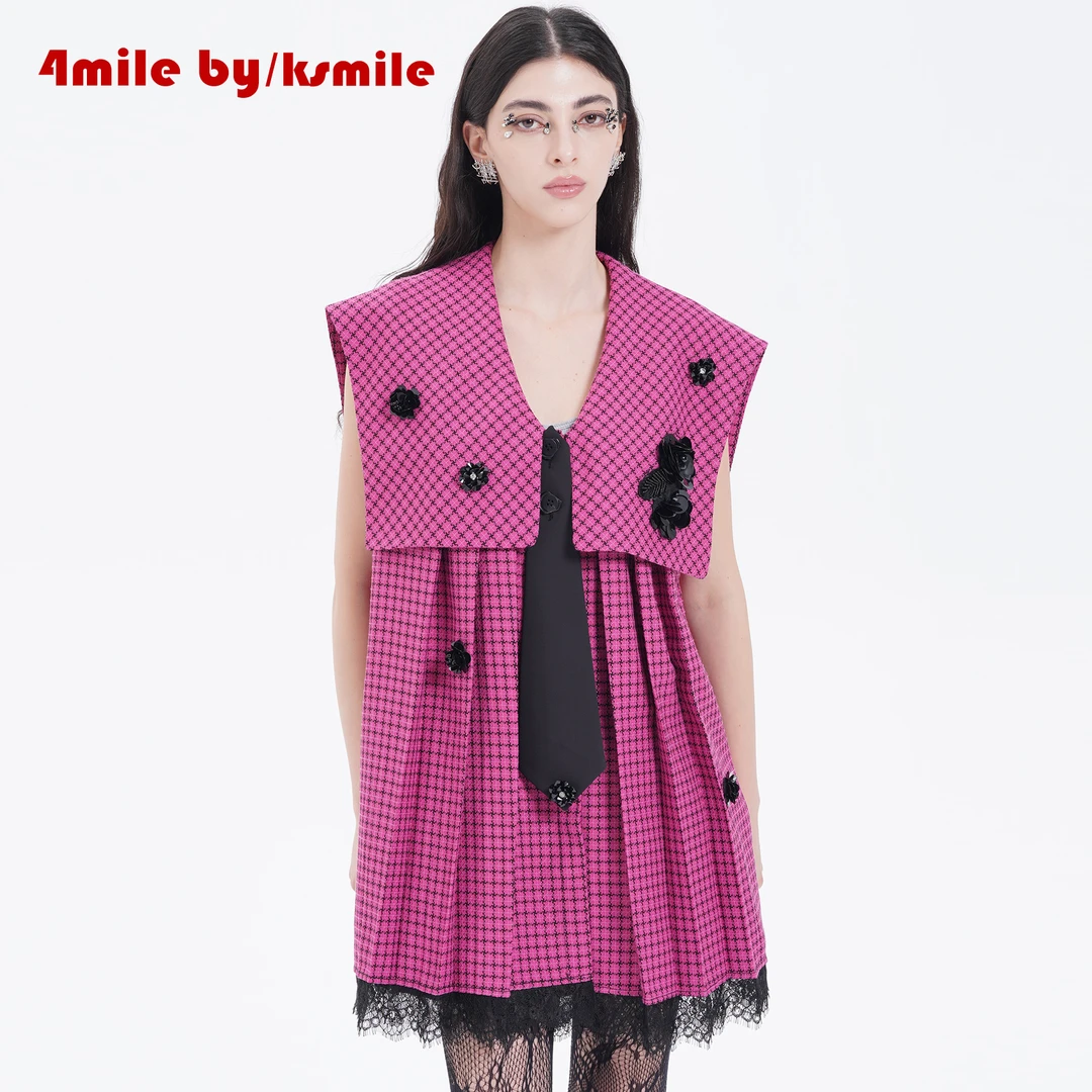 4MILE BY KSMILE | 智性剪裁灰格纹大翻领繁花无袖百褶连衣裙