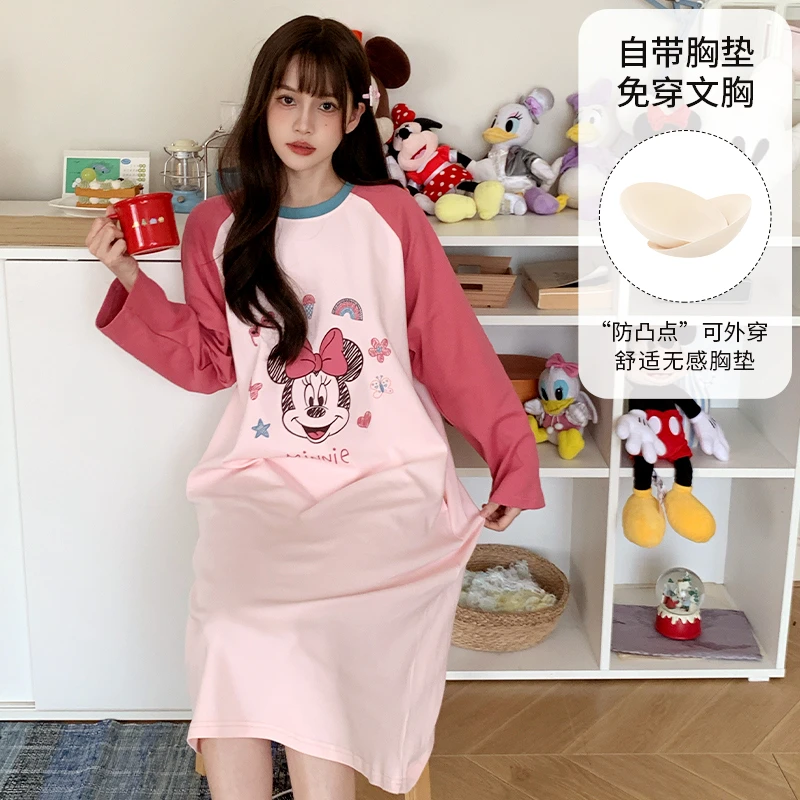 Disney/迪士尼春秋套头长袖带胸垫睡衣女甜美可爱纯棉家居服0144