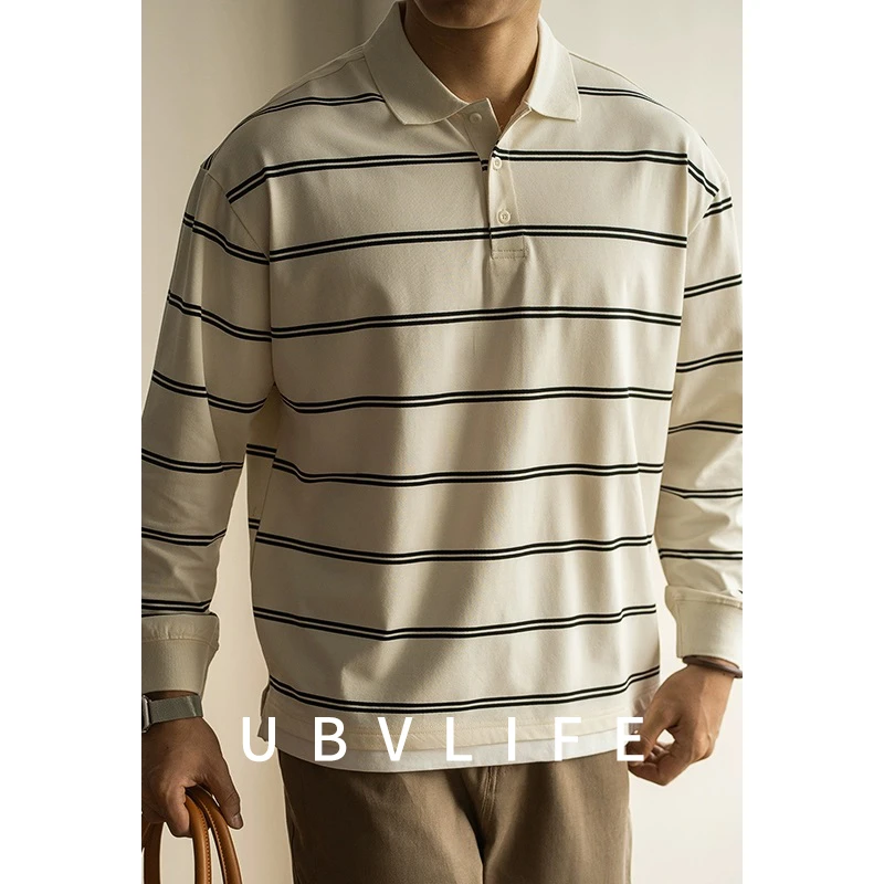 【精梳长绒棉】微宽松条纹翻领长袖POLO衫男春秋休闲商务通勤T恤