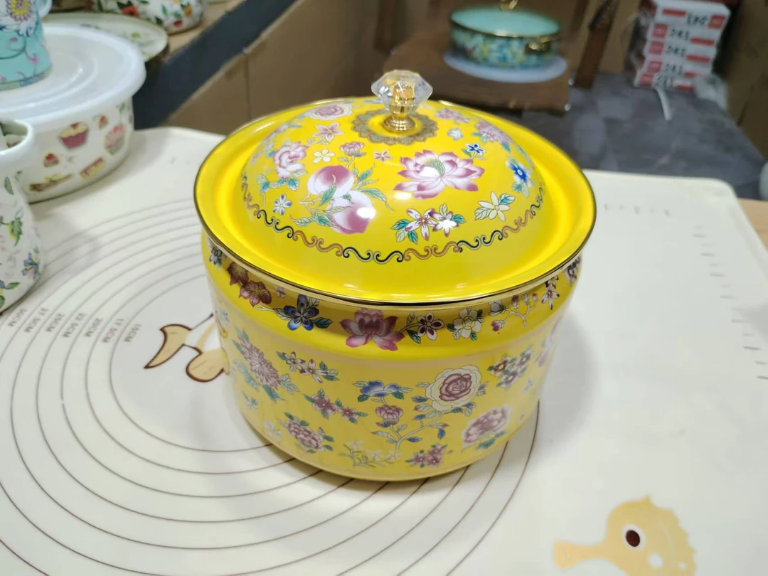 2L家用珐琅大号手工陶瓷搪瓷储物罐糖果罐猪油罐带盖万花花色高档
