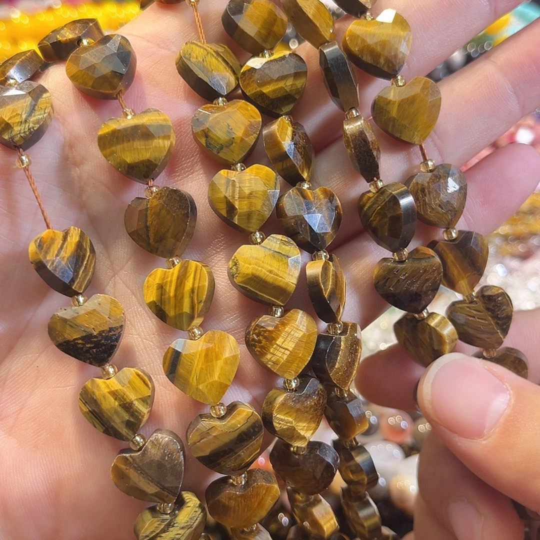 玛瑙/玉髓合金珠宝半成品虎眼刻面爱心一条14mm