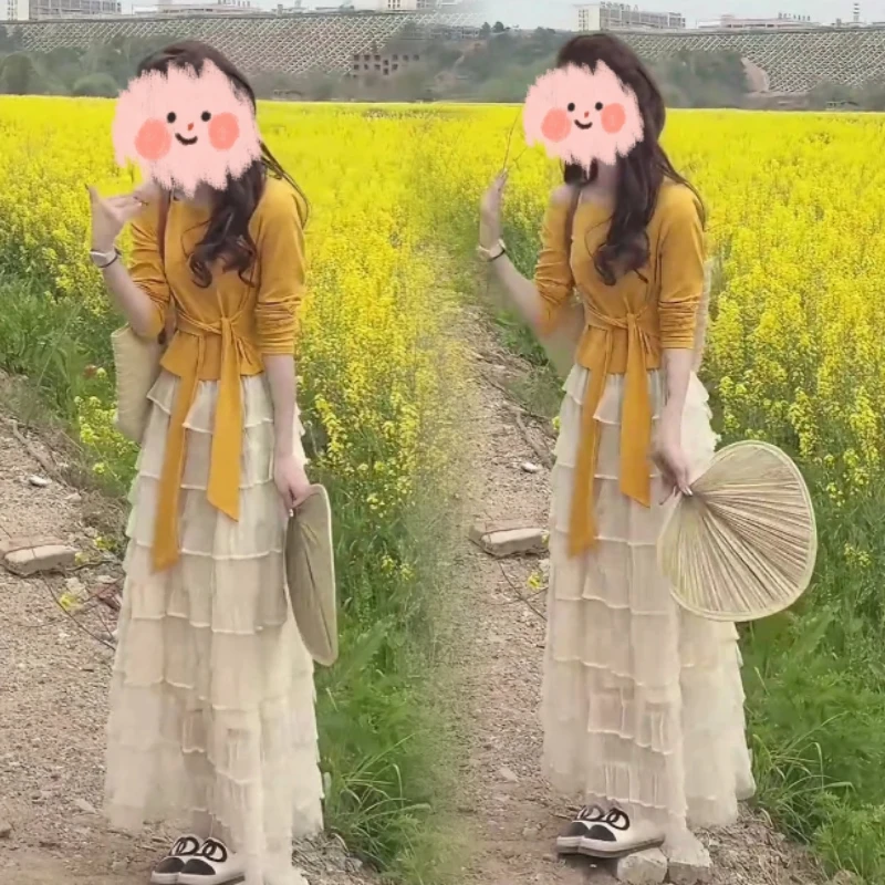 温柔法式减龄斜肩绑带上衣T层次感+中长款少女感蛋糕半身裙两件套