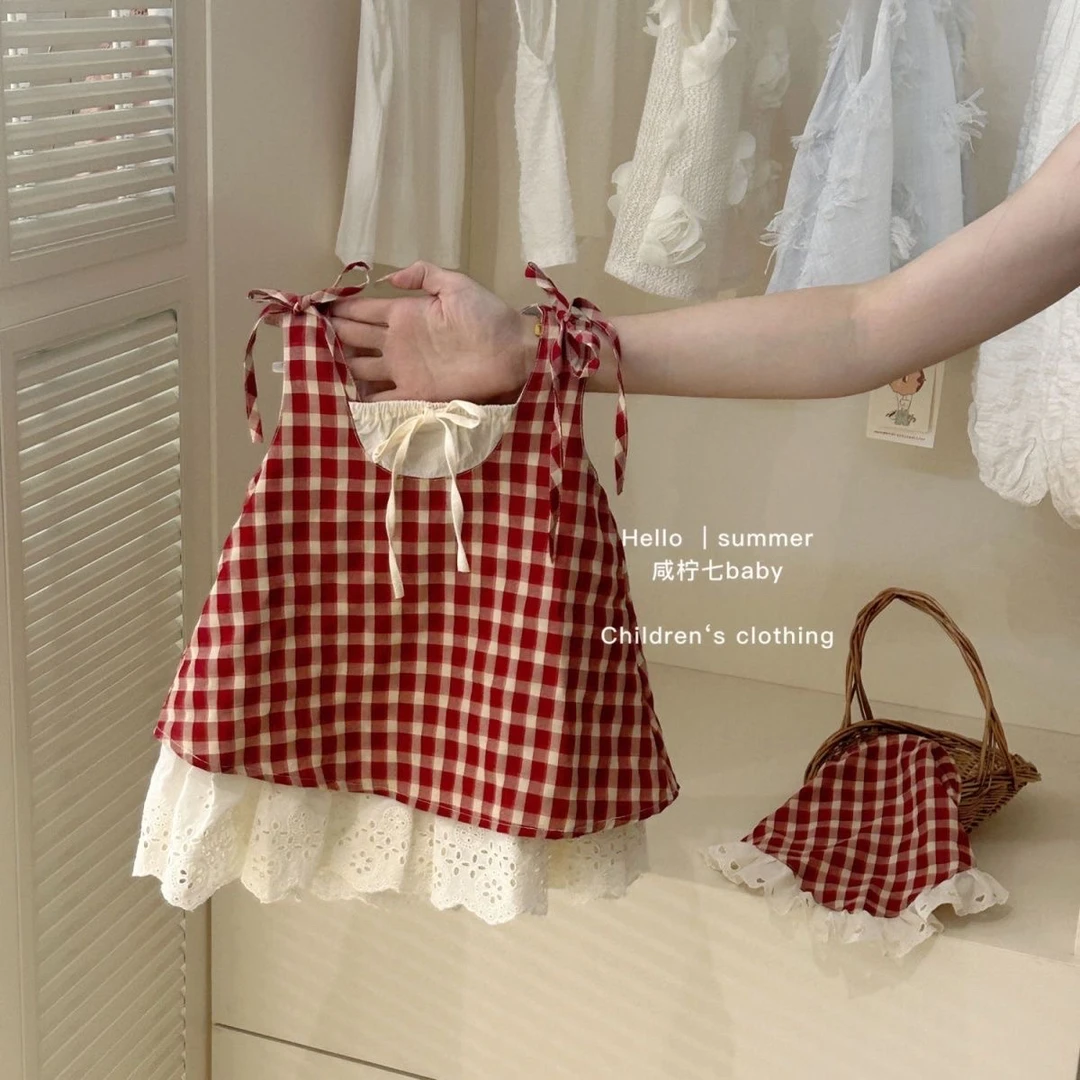 送发箍！！新款女童红色格子森系连衣裙春夏季儿童女宝宝背心裙潮流