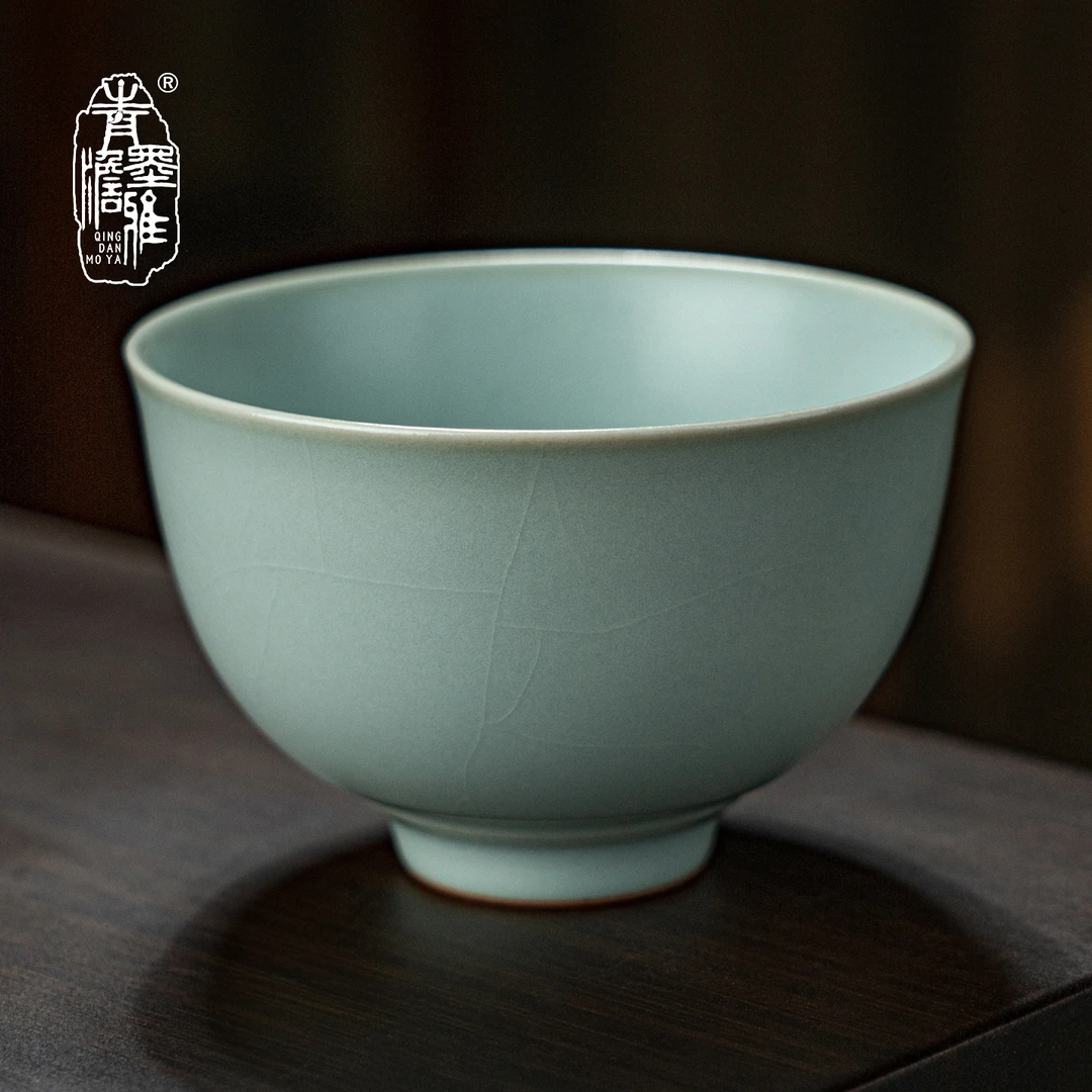 青澹墨雅汝窑天青承露杯80ml复古茶杯景德镇陶瓷茶杯中式礼盒装