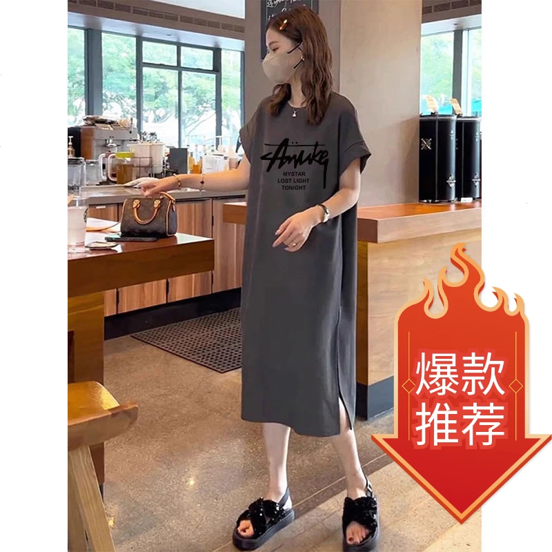 短袖t恤裙女夏季过膝长裙纯棉长款连衣裙大码女大码女装夏季T恤