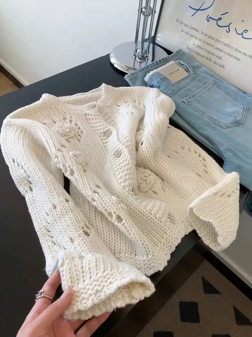 2025秋季新款慵懒风针织镂空长袖圆领毛针织衫上衣百搭时尚女装