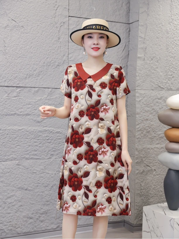 夏季新款娃娃领兰花遮肚时尚显瘦气质大码中长款妈妈装