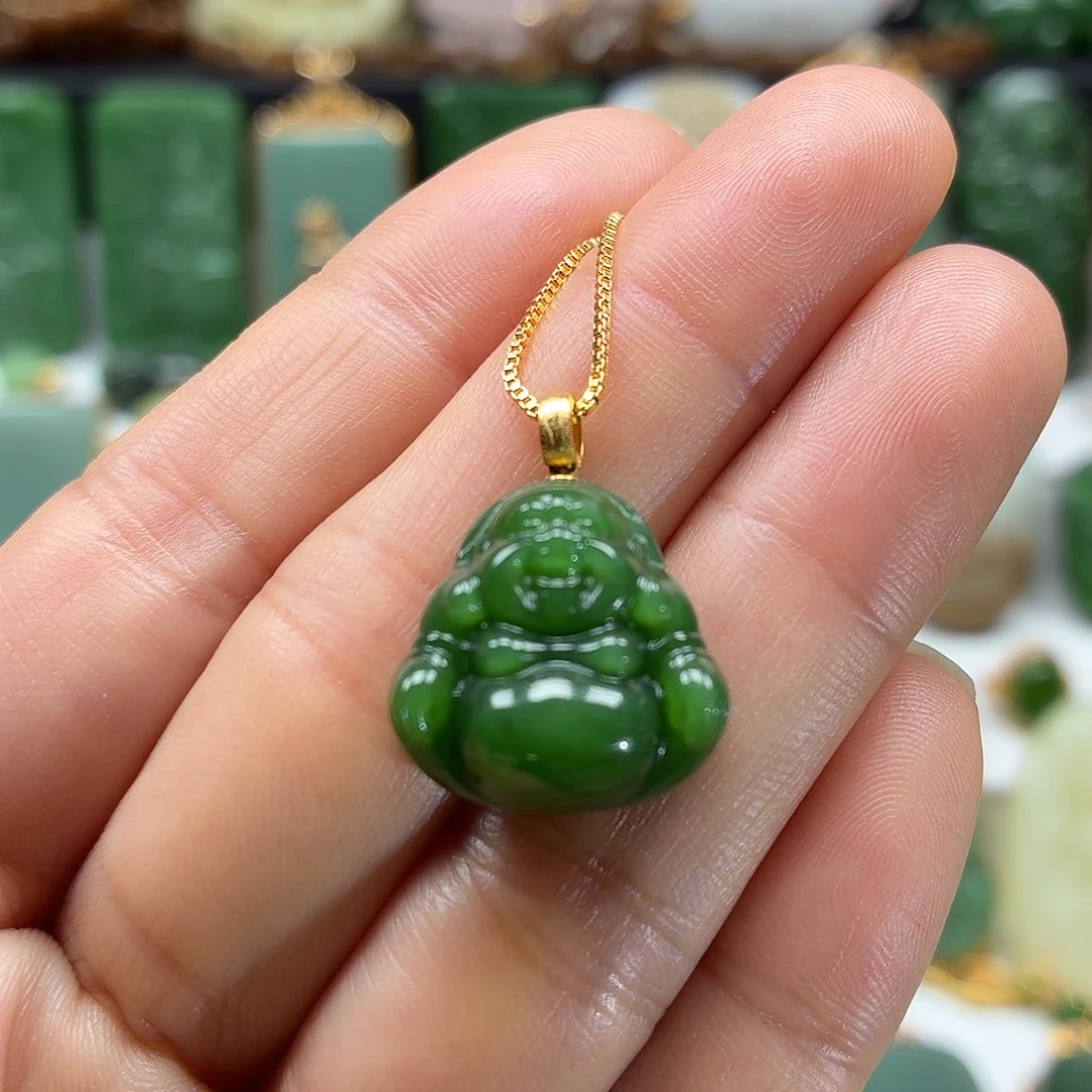 和田玉18K金镶嵌颈饰辣阳绿精品