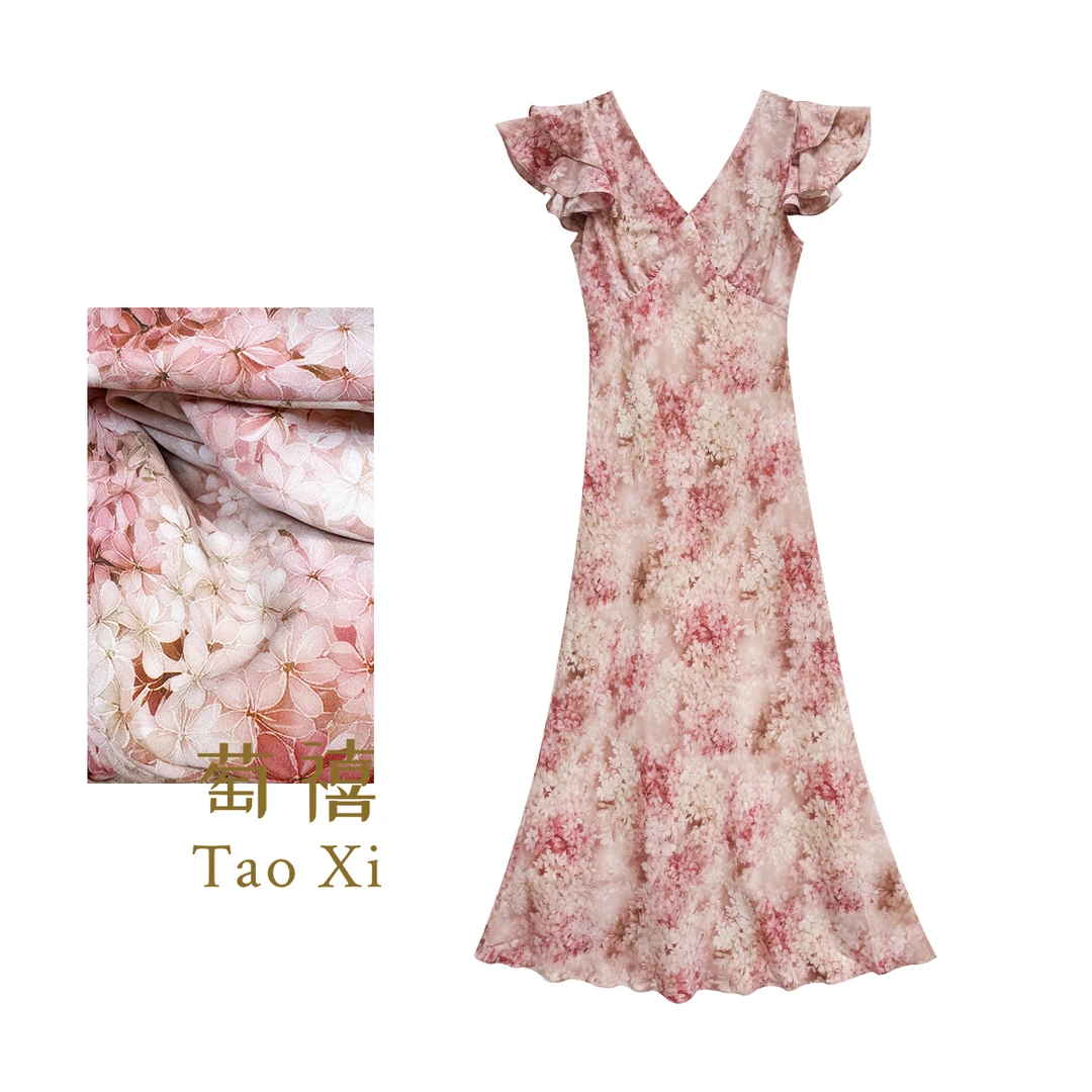 【如果】高级感桑蚕丝飞飞袖V领碎花修身连衣裙TX06QZ1143