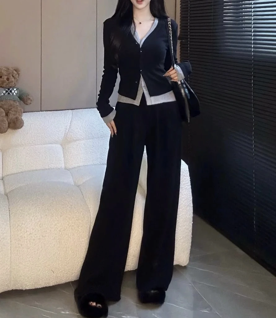 欧货休闲运动套装女春秋2025新款设计感假两件开衫两件套24007