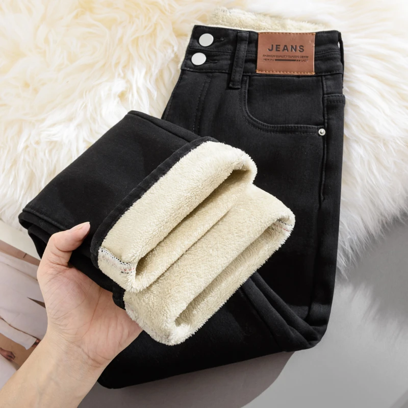 黑色加绒加厚直筒牛仔裤女款2025秋冬新款高腰九分小个子烟管裤子