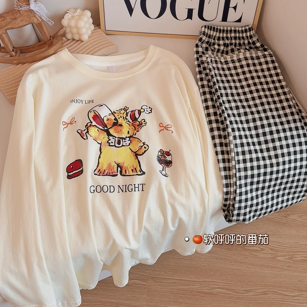 干杯小狗|纯棉睡衣女春秋长袖长裤休闲可爱圆领套头家居服套装