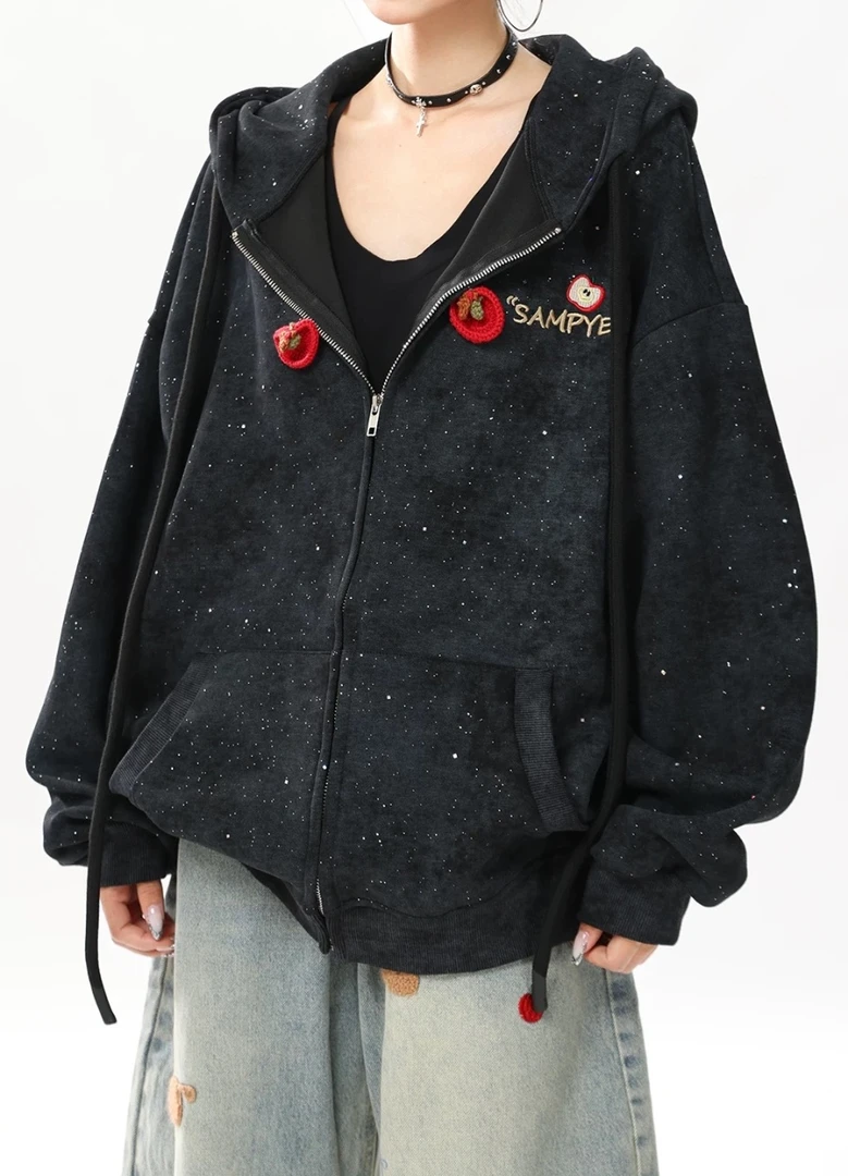 美式趣味苹果撒银爆闪连帽卫衣女2025秋冬新款宽松设计感开衫外套