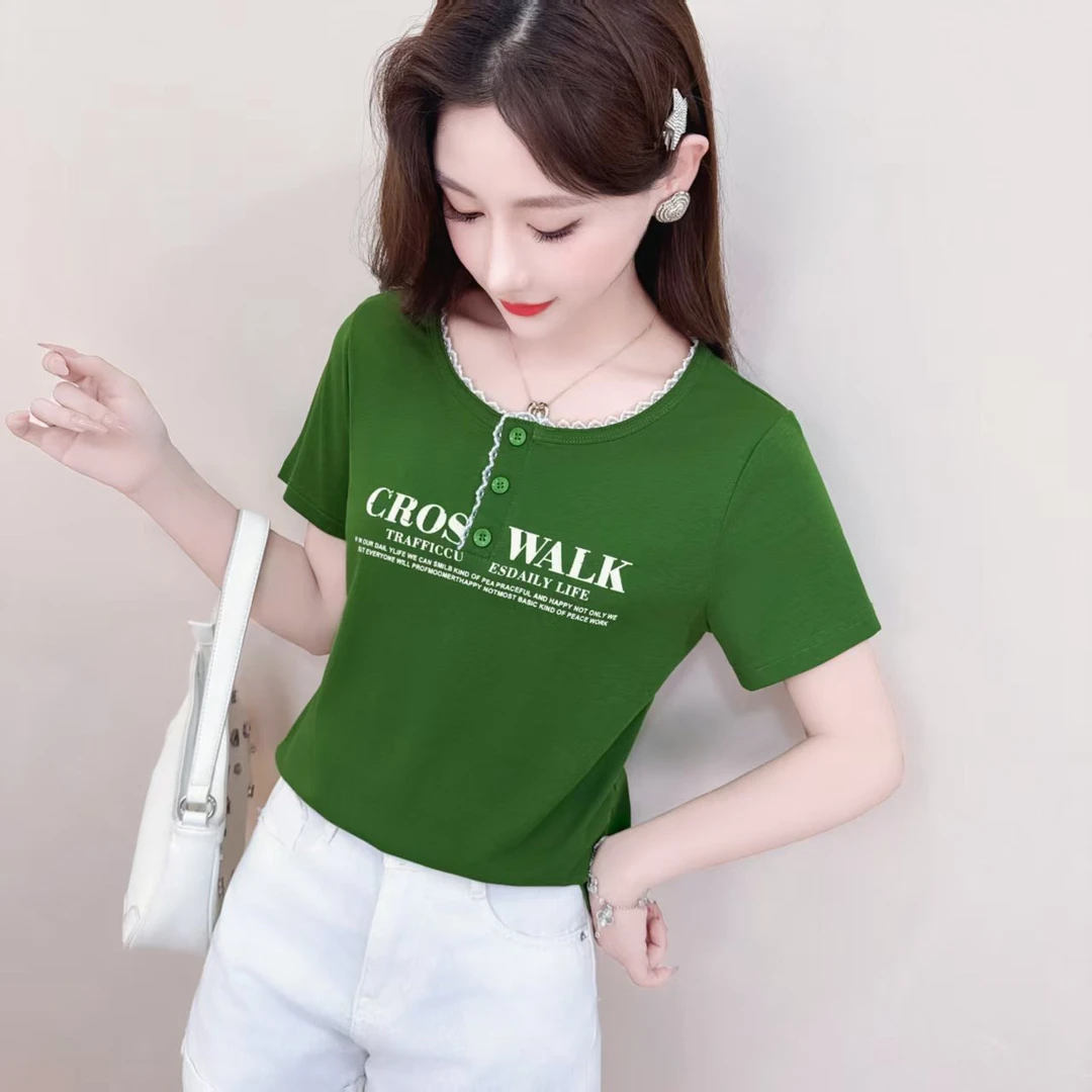 2529#【衣长53】短袖杂志风时尚T恤夏季修身显瘦打底衫休闲百搭